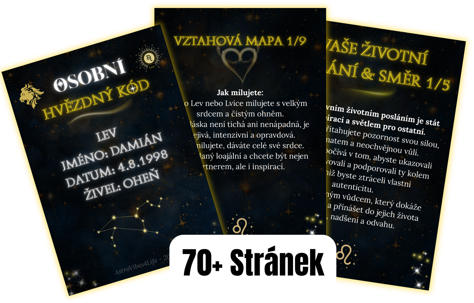 Ukázka Osobního Hvězdného Kódu – tři stránky s výkladem pro znamení Lev